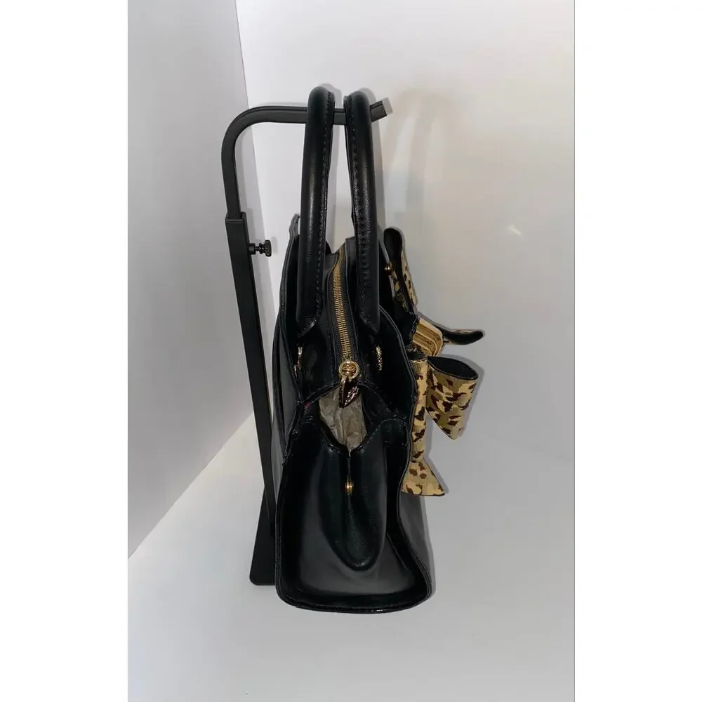 Betsey Johnson Black Satchel Handbag with Leopard Bow Accent